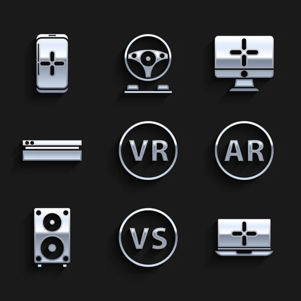 Impostare occhiali realtà virtuale, VS Versus battaglia, Laptop, Ar, aumentata, altoparlante stereo, console per videogiochi, monitor per computer e smartphone e giocare in icona. Vettore — Vettoriale Stock