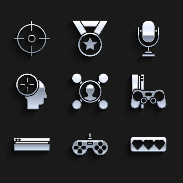 Set Share, Gamepad, Like and heart, console with joystick, Video game, Head hunting concept, Microphone and Target sport icon. Vector — Stock Vector