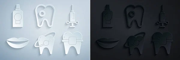 Zestaw do wybielania zębów, Strzykawka dentystyczna, Uśmiechnięte usta, Zęby z aparatem na zębach, próchnica i Mouthwash plastikowa ikona butelki. Wektor — Wektor stockowy