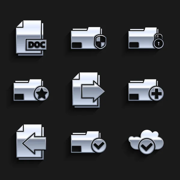Establecer flecha de página siguiente, Carpeta de documento y marca de verificación, Nube con, Añadir nuevo, estrella, Bloqueo de carpeta y DOC icono de documento de archivo. Vector — Archivo Imágenes Vectoriales
