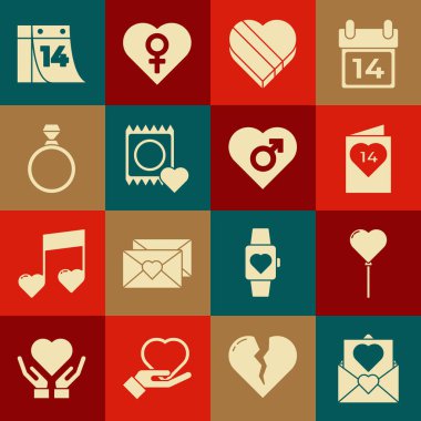 Zarfı sevgililer günü broşürünün, şeker şekilli kutunun, prezervatif paketinin, elmas nişan yüzüğünün, takvimin 14 Şubat ve Heart erkek cinsiyet ikonunun zarfı olarak ayarla. Vektör