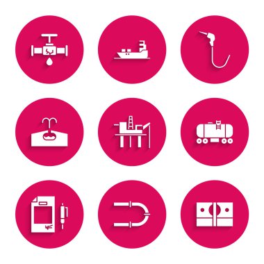 Denize petrol platformu, sanayi borusu, kağıt para yığını, demiryolu deposu, kontrat ve kalem, petrol pompası enjektörü ve sızdıran su ikonu ile kırılmış. Vektör