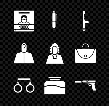 Aranıyor posteri, kalem, polis copu, kelepçe, mürekkep, susturuculu tabanca, isimsiz soru işareti ve yargıç ikonu. Vektör