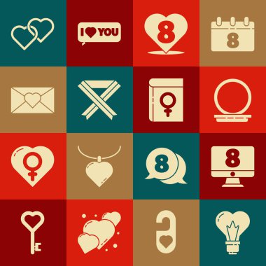 Kalp şeklini bir ampulde ayarla, monitörde 8 Mart, aynalı makyaj tozu, göğüs kanseri farkındalığı kurdelesi, Zarf, İki Bağlı Kalpli Kalpleri ve Kadın İkonları Kitabı. Vektör