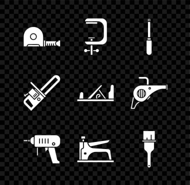 Rulet inşaatı, klemp ve vida aleti, tornavida, elektrikli matkap, inşaat zımbası, boya fırçası, testere ve tahta uçak ikonu. Vektör