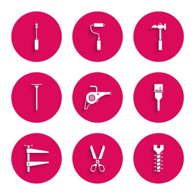 Yaprak üfleyici, makas, metal vida, boya fırçası, kıskaç, çivi, pençe çekici ve tornavida ikonu. Vektör