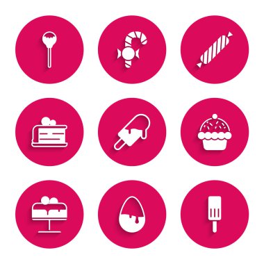 Dondurma, çikolatalı yumurta, kek, tabakta kek, şeker ve lolipop ikonu. Vektör