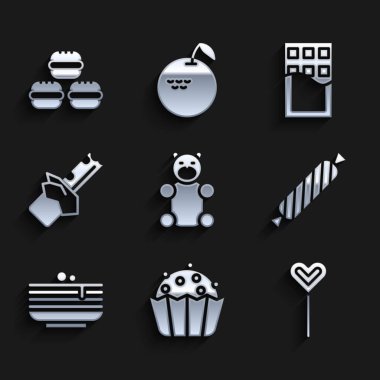 Jöleli şeker, kek, lolipop, şeker, krep yığını, çikolata, çikolata ve makarna ikonu. Vektör