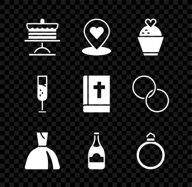 Tabağa pasta koy, kalbinin olduğu yer, düğün pastası, kadın elbisesi, şampanya şişesi, elmas nişan yüzüğü, bir kadeh şampanya ve kutsal İncil ikonu. Vektör