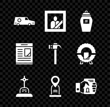 Cenaze arabası, yas tutan fotoğraf çerçevesi, haçlı mezar, mezar, ölüm belgesi, ölüm ilanı ve çekiç resmi. Vektör