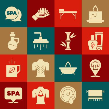 Askıya, masaja, merhem kremine, masaya, duş başlığına, gerekli yağ şişesine, kaplıcaya ve bambu ikonuna havlu koyun. Vektör