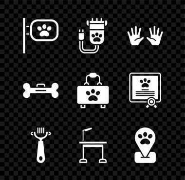 Hayvan bakımı, saç kırpma makinesi, tıbbi lastik eldivenler, kedi ve köpek için fırça, masa, konum, köpek kemiği ve ilk yardım çantası ikonu. Vektör