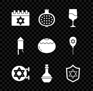 Yahudi takvimi, nar, kadeh, sinagog, şarap şişesi, Davut Yıldızı ile kalkan, Havai fişek roketi ve tatlı fırın ikonu. Vektör