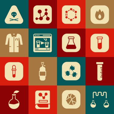 Test tüpü ve matara, benzen halkaları formülü, kimyasallar çevrimiçi, laboratuvar üniforması, üçgen uyarı toksik ve ikon. Vektör