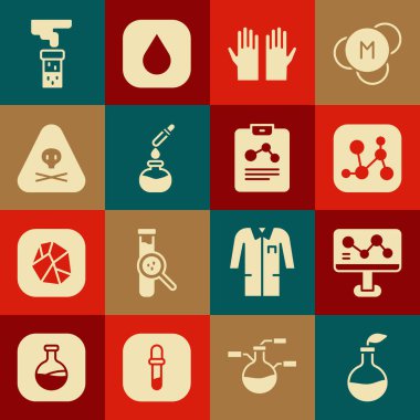 Bitki yetiştirme, kimyasal formül, tıbbi lastik eldivenler, test tüpü ve matara, üçgen uyarı zehri ve kimya ikonu. Vektör