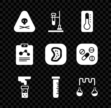 Üçgen uyarı zehrini, deney tüpünü, termometreyi ve kimya raporunu ve bakteri ikonunu ateşe verin. Vektör
