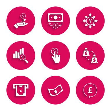 El ele tutuşan bozuk para, kağıt para yığını, sterlinli bozuk para, döviz, ATM, turta grafiği, Yen ve Dolarlık bitki ikonu. Vektör