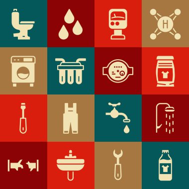 Temizlik, duş, çamaşır deterjanı, basınç ölçer, su filtresi, çamaşır makinesi, klozet ve ikon için şişe ayarla. Vektör