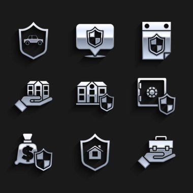 House 'u rozetli, el çantası, kasa, para, el takvimi ve araba ikonu ile ayarla. Vektör