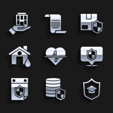 Hayat sigortası, rozetli para, mezuniyet şapkası, konum, takvim, sel, teslimat güvenliği ve el ikonu. Vektör