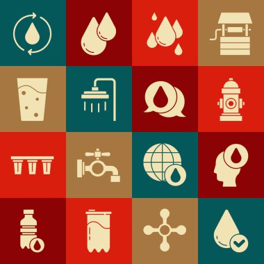 Su damlası, yangın musluğu, duş, su bardağı, temiz su ve ikonu geri dönüştür. Vektör