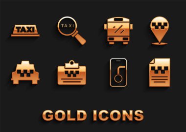 Taksi ehliyeti, taksi konumu, şehir haritası navigasyonu, araba, otobüs, çatı ve büyüteç ve simge ayarlayın. Vektör