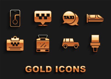 Tramvay ve demiryolu, yüksek hızlı tren, emniyet kemeri, araba, taksi ehliyeti, telefon hizmeti, şehir haritası navigasyon ve taksi ikonlu konum. Vektör