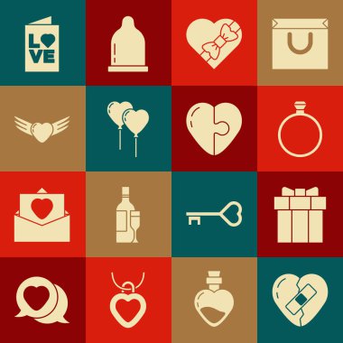 Şifalı Kırık Kalp, Hediye Kutusu, Elmas Nişan Yüzüğü, Şeker Şekeri, Kanatlı Balonlar, Sevgililer Günü partisi broşürü ve ikonu. Vektör