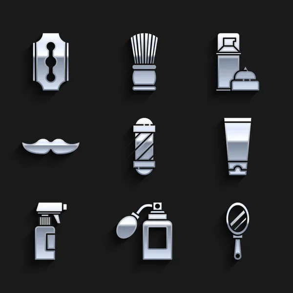 Set Classic Barber shop pole, Aftershave bottle with atomizer, Hand mirror, Cream lotion cosmetic tube, Hairdresser pistol spray, Mustache, Shaving gel foam and Blade razor icon. Vector — Stock Vector