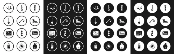 Set Taschenlampe, Holzbeil, Schaufel, Schweizer Taschenmesser, Wanderstiefel, Meteorologiethermometer, Kreditkarte und gefaltete Landkarte mit Ortssymbol. Vektor — Stockvektor