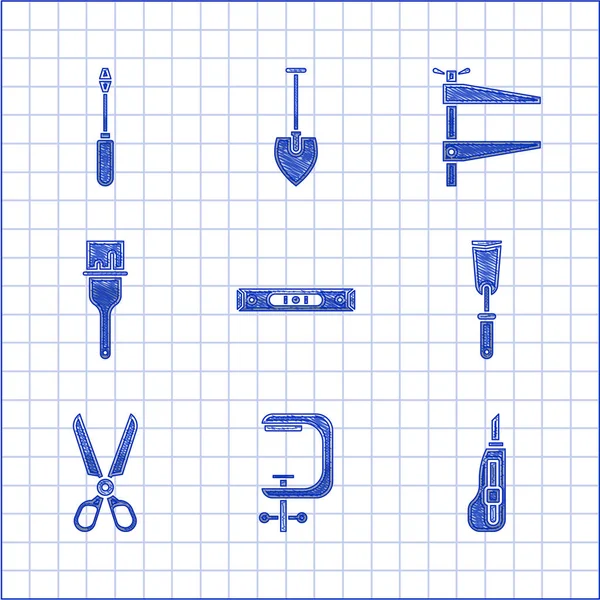 Set Baublasenwaage, Klemm- und Schraubenwerkzeug, Schreibwarenmesser, Spachtel, Schere, Pinsel und Schraubenzieher-Symbol. Vektor — Stockvektor