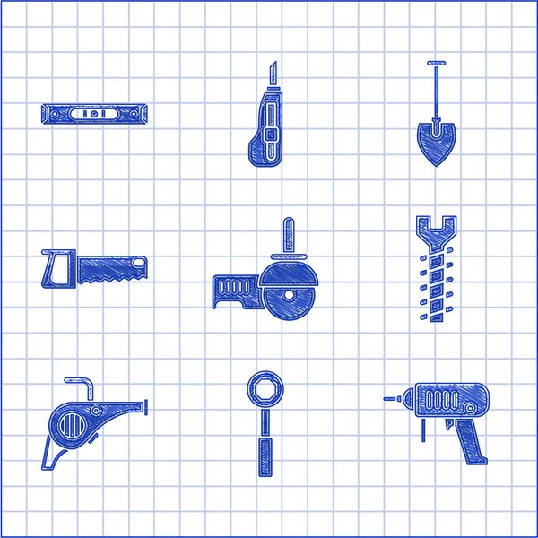 Set Amoladora angular, llave inglesa, taladradora eléctrica, tornillo metálico, soplador de jardín de hojas, sierra a mano, pala e icono de nivel de burbuja de construcción. Vector — Vector de stock