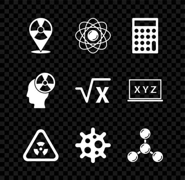 Imposta Radioattivo in posizione, Atomo, Calcolatrice, Triangolo con radiazioni, Virus, Molecola, Testa e simbolo e radice quadrata dell'icona del glifo x. Vettore — Vettoriale Stock