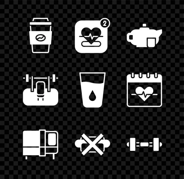 Set Coffee cup to go, Mobile with heart rate, Teapot, Bed, No junk food, Dumbbell, Bench barbel and Glass water icon. Vector — Stock Vector