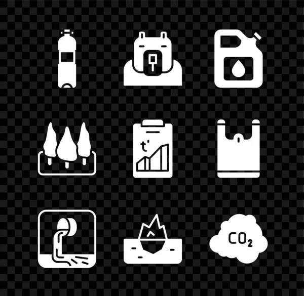 Set Bottle of water, Polar bear head, Canister for gasoline, Wastewater, Iceberg, CO2 emissions cloud, Forest and Global warming icon. Vector — Stock Vector