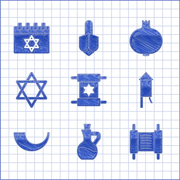 Set Torah scroll, Bottle of olive oil, Firework rocket, Traditional ram horn, shofar, Star David, Pomegranate and Jewish calendar icon. Vector — Stock Vector