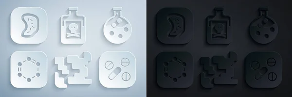 Gáznemű, kémcső és lombik, benzolgyűrűk formulája, gyógyszer tabletta, méreg palack és baktériumok ikonja. Vektor — Stock Vector