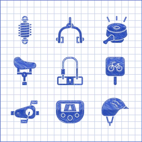 Set Bloqueio de bicicleta, dispositivo Gps com mapa, capacete, estacionamento, pedais, assento, sino e ícone de suspensão. Vetor —  Vetores de Stock