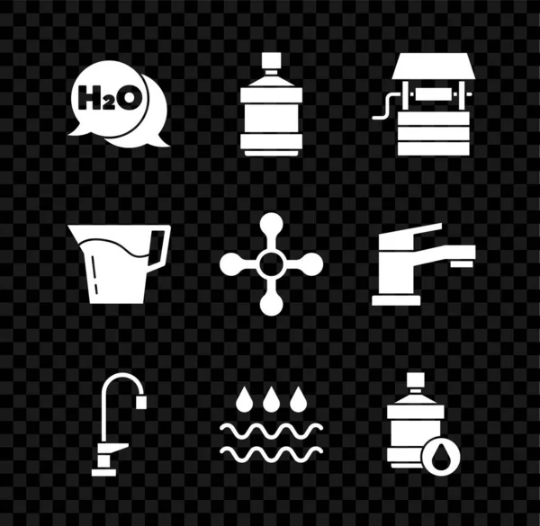 Set chemische Formel für H2O, große Flasche mit sauberem Wasser, Brunnen Eimer, Wasserhahn, Welle Tropfen, Krug Glas und Symbol. Vektor — Stockvektor