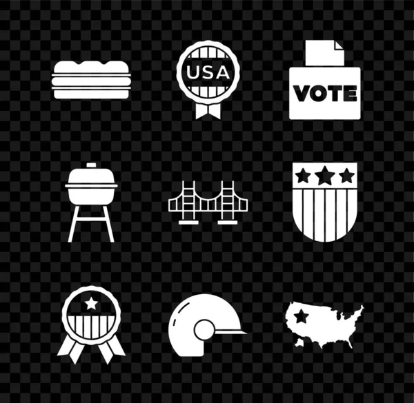 Сет Сандвіч, медаль з зіркою, Vote box, Baseball helmet, карта США, Barbecue grill і Golden gate bridge icon. Вектор — стоковий вектор