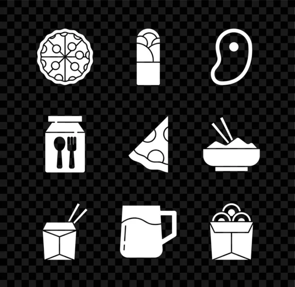 Set Pizza, Doner kebab, carne de filete, fideos asiáticos y palillos, jarra de cerveza de madera, tallarines en caja, pedido en línea de entrega y rebanada de icono de pizza. Vector — Vector de stock