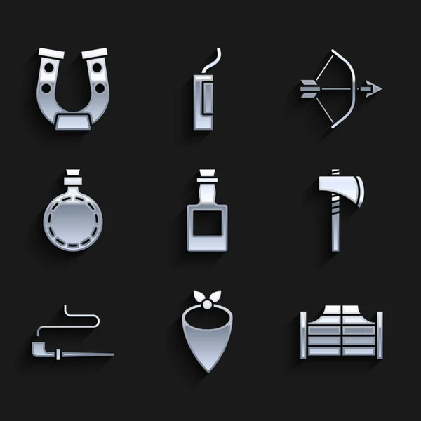 Set bouteille de tequila, bandana Cowboy, porte de salon, hache Tomahawk, pipe fumeur, eau de cantine, carquois flèche arc et icône en fer à cheval. Vecteur — Image vectorielle