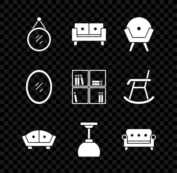 Set Mirror, Sofa, Armchair, Lamp hanging, and Shelf with books icon. Vector — Stock Vector