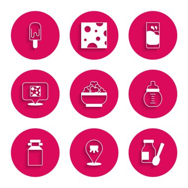 Süzme peynir, Meme, biberonda yoğurt içmek, bebek sütü, konserve kutusu, Peynir, Bardak ve dondurma ikonu. Vektör