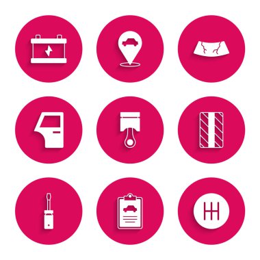 Motor pistonu, araba denetimi, vites kolu, tekerlek, tornavida, kapı, kırık ön cam ve akü ikonu ayarlayın. Vektör