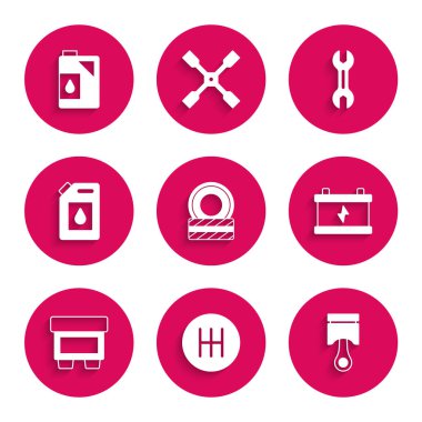 Araç tekerleği, vites kolu, motor pistonu, pil, sigorta, motor yağı için teneke kutu, anahtar ve simge. Vektör