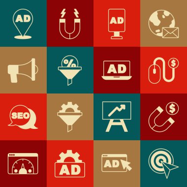 Set Hedefi, Paralı Mıknatıs, Reklamcılık, Öncü Yönetim, Megafon ve ikon. Vektör