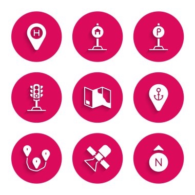 Katlanmış harita, uydu, pusula, çapalı konum, rota konumu, trafik ışığı, park yeri ve helikopter iniş pisti simgesini ayarlayın. Vektör
