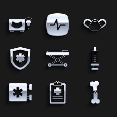Sedye, hasta rekoru, kırık kemik, şırınga, acil durum - Yaşam Yıldızı, sigorta, tıbbi koruyucu maske ve ultrason ikonu. Vektör