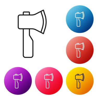 Siyah çizgi tahta balta simgesi beyaz arkaplanda izole edildi. Oduncu baltası. Renkli daire düğmelerini ayarlayın. Vektör